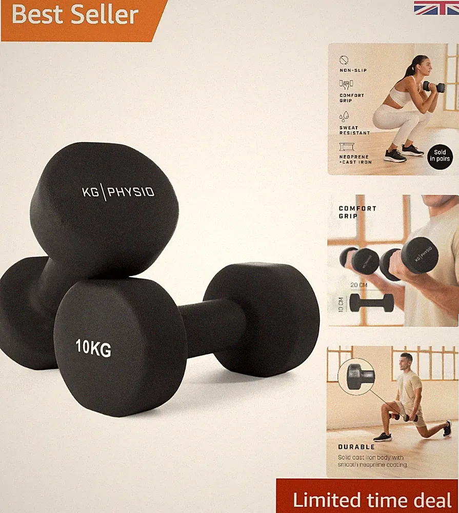 2 x 10kg Neopren Hanteln Set mit Anti-Roll Tech & Gratis A3 Training Poster