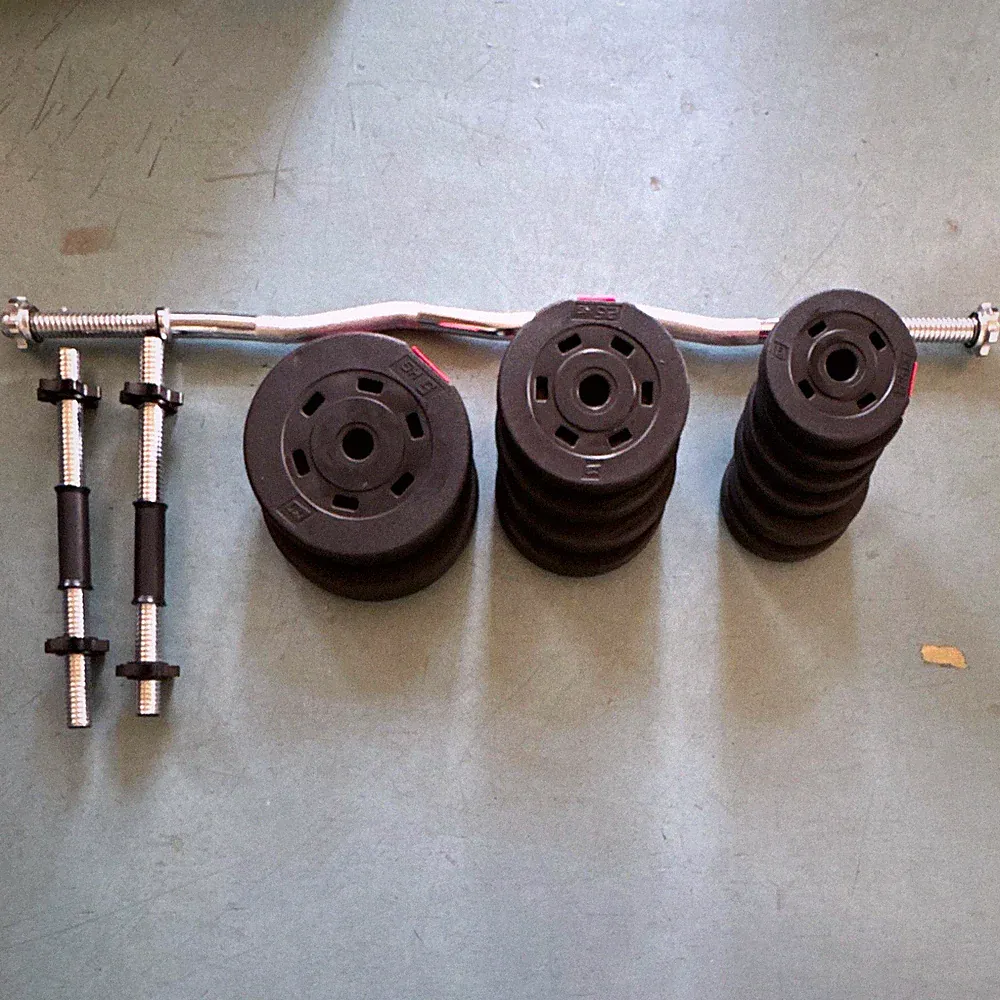 Hantelscheiben Set mit 1 Langhantelstange, 2 Kurzhantelstangen (50 € VB)