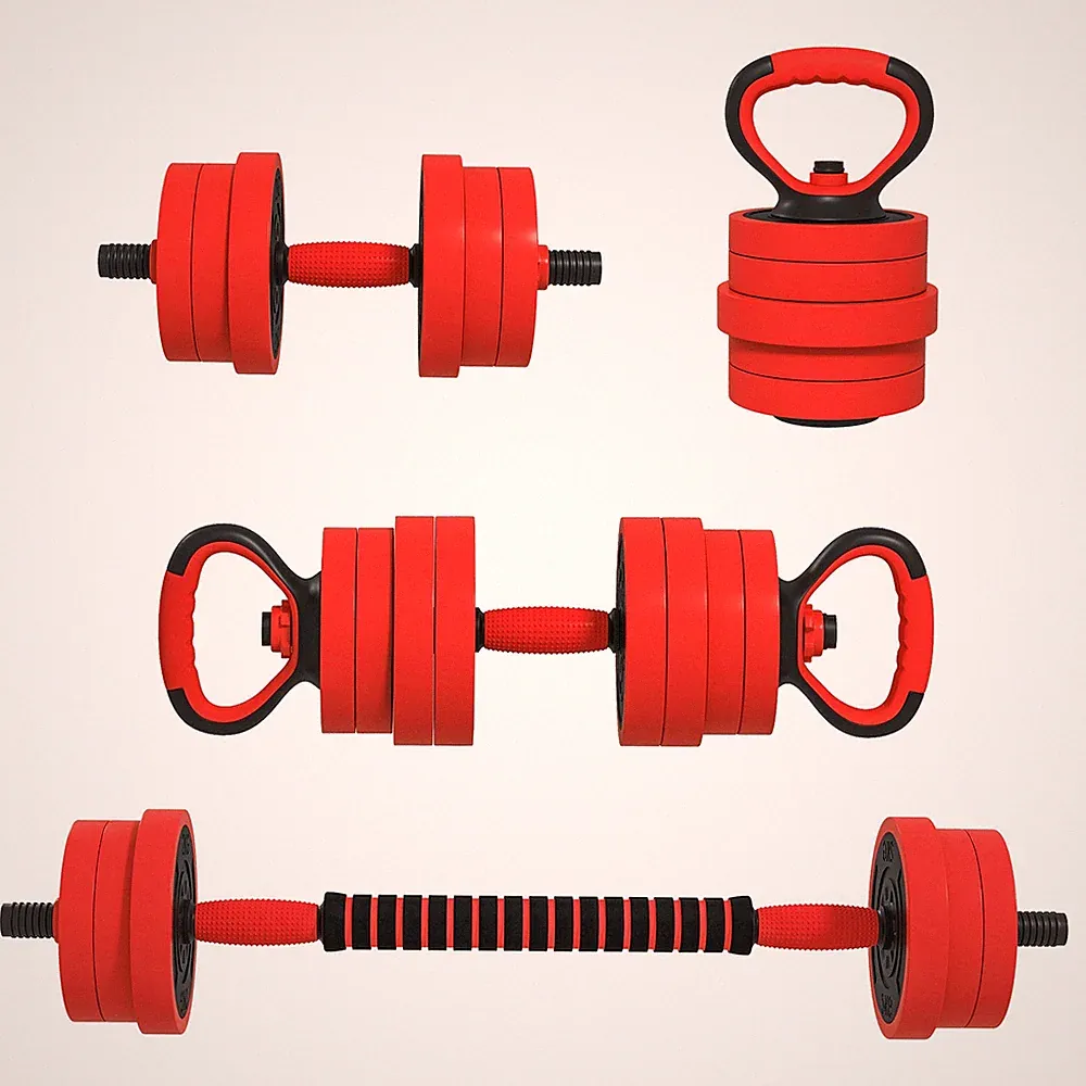 Hantelset 20kg rot Kunststoff & Sand 95x20x20cm 4-in-1 Langhantel Kettlebell Liegestütz