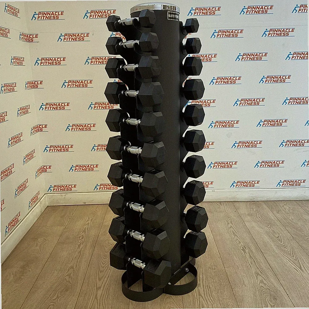Hex Gummi Hantelset 1kg - 10kg mit vertikalem Aufbewahrungsregal von Blitz Fitness
