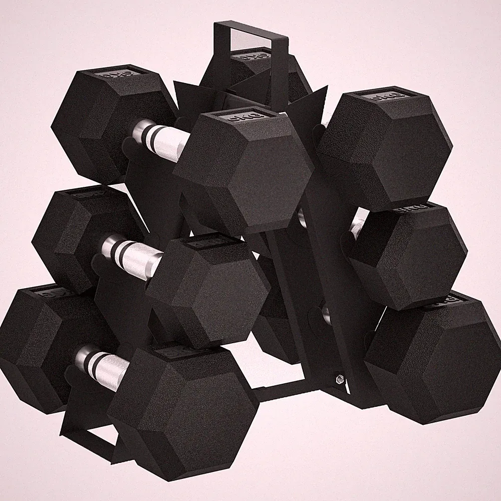 Hex Hantelset 34x10x32cm schwarz gummibeschichtet Gusseisen 36KG mit kompakter Ablage