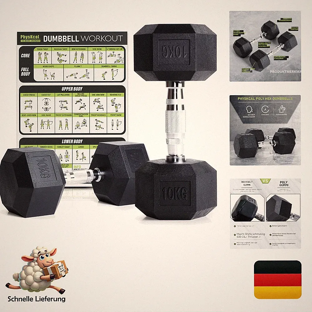Hexagon Hanteln Poly-Gummiert 2,5-30 kg Set inklusive verchromter Griffe, rut...