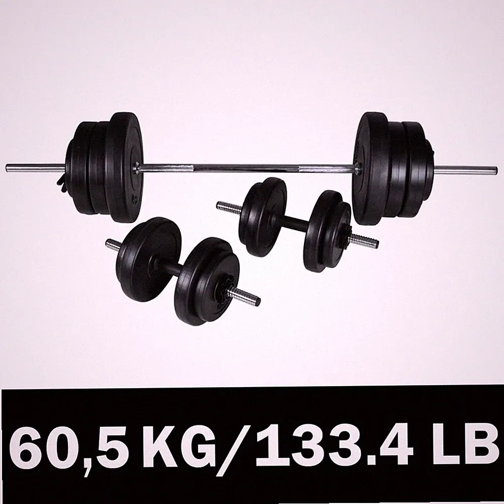 Langhantel & Hantelset 60,5 kg verchromter Stahl Zement Kunststoff schwarz 140 cm Stange