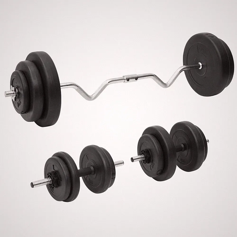 Langhantel und Hantel Set 60kg schwarz Zementplatten Stahlstangen 120cm Curl ProGrip