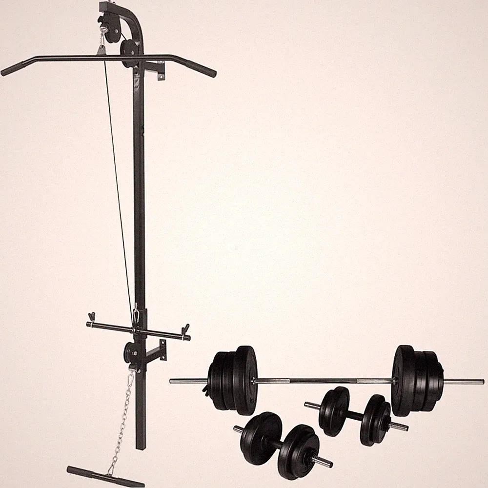 Latzugturm Wandmontage Langhantel Kurzhantel Set 60,5kg Latzug Seilzug vidaXL