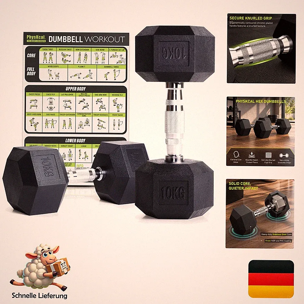 Poly-Gummi Sechskant-Hanteln 2x10kg Physkcal rostopflege fettfrei Fitnessstud...