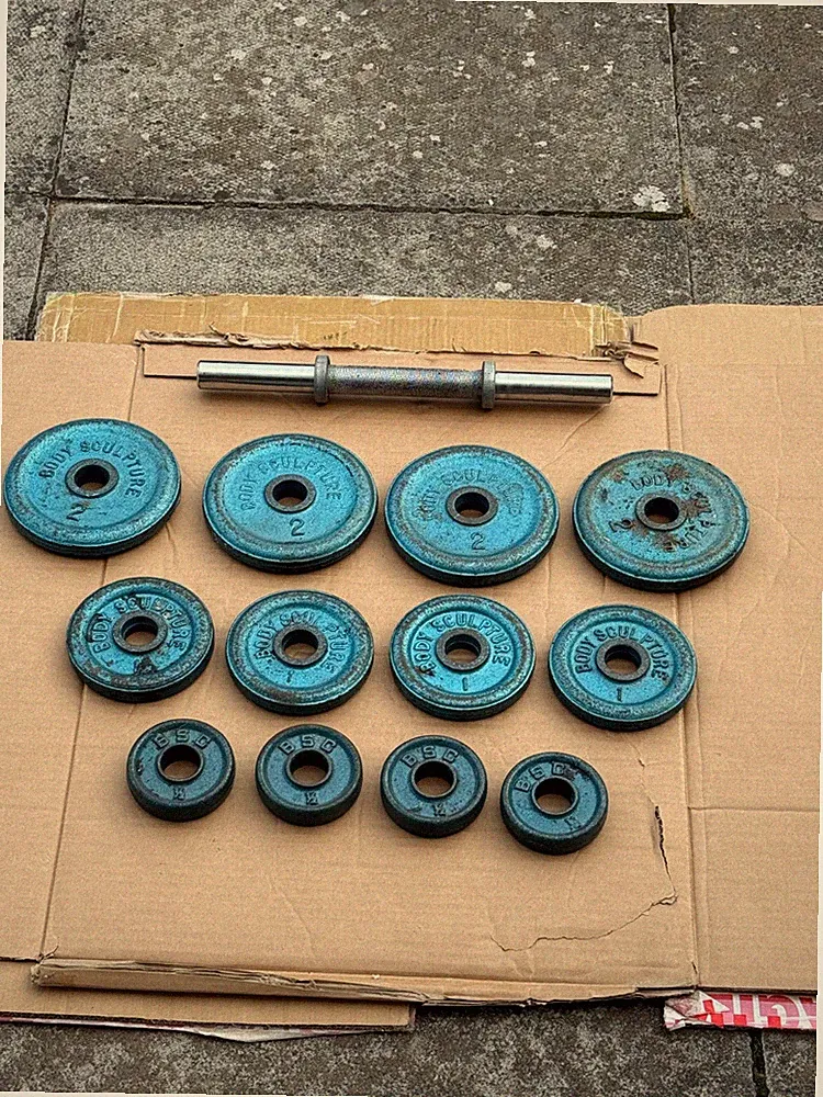 Seltene Vintage KÖRPERSKULPTUR Hanteln, Eisen Hantelscheiben 1" 2kg, 1kg 0,5kg Set