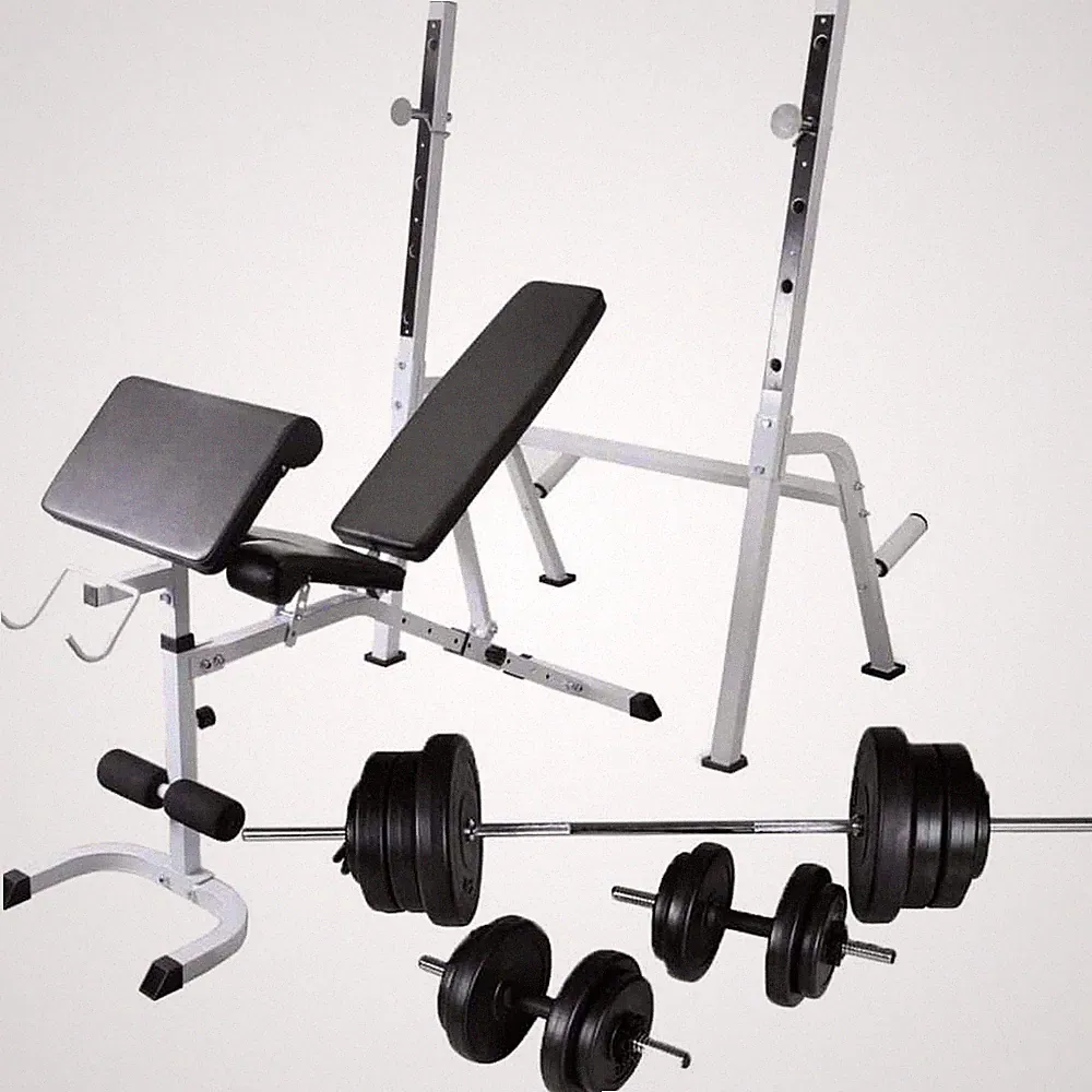 Trainingsbank mit Hantelablage, Langhantel und Hantelset 60,5 kg