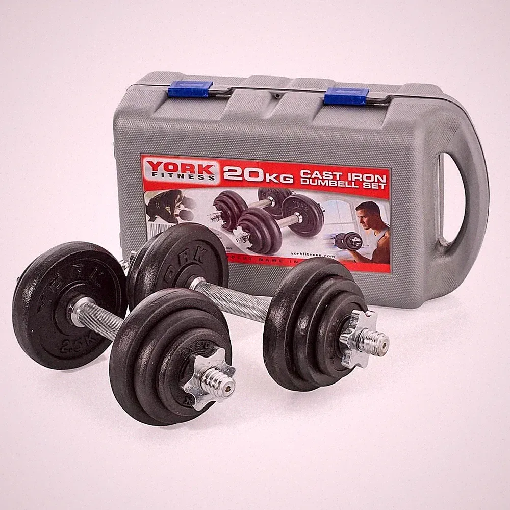 York 20 kg Gusseisen Hantel Hantel Set im Koffer mit 12 Platten, 14" Stangen & Halsbänder